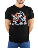 Savage Sloth With Chainsaw Tee Featuring Dark Humor Cartoon Art - model wearing black tee with hands behind back