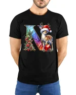 Christmas Letter N Deer Tee With Elegant Festive Winter Artwork - model wearing black tee with hands behind back