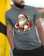 Cheerful Santa Claus Christmas Tee With Festive Holiday Spirit - model wearing grey tee, leaning on column