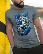 Unlucky Lightning Unicorn Graphic Tee With Fierce Fantasy Power - model wearing grey tee, leaning on column