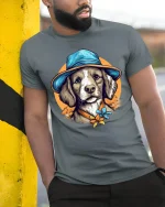 Stylish Dog With Hat Tee Featuring Artistic Vintage Pet Charm - model wearing grey tee, leaning on column