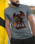 Dark Grim Reaper Riding Hell Beast Tee With Epic Gothic Power - model wearing grey tee, leaning on column