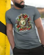 Vintage Christmas Clock Wreath Tee With Classic Holiday Charm - model wearing grey tee, leaning on column