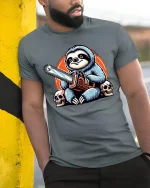 Savage Sloth With Chainsaw Tee Featuring Dark Humor Cartoon Art - model wearing grey tee, leaning on column