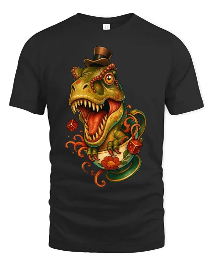 Vintage Dino Teacup Madness Cartoon T Rex Tee With Fun Style - black t-shirt on white background
