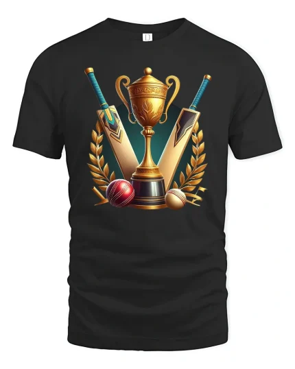 Cricket Champion Trophy Graphic Tee With Bold Sports Style Art - black t-shirt on white background