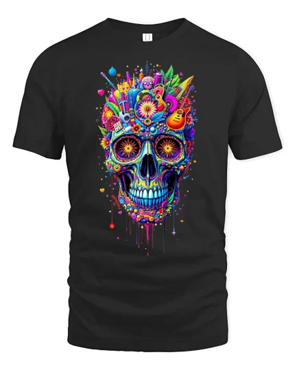 Vibrant Psychedelic Skull Art Graphic Tee With Color Explosion - black t-shirt on white background