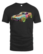 Retro Muscle Car Graphic Tee With Bold Colorful Racing Artwork - black t-shirt on white background