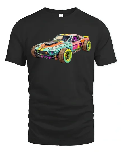 Retro Muscle Car Graphic Tee With Bold Colorful Racing Artwork - black t-shirt on white background