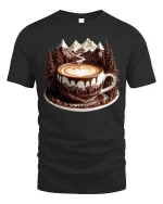 Mountain Coffee Art Graphic Tee With Scenic Latte Landscape Style - black t-shirt on white background