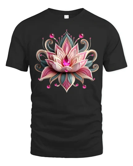Elegant Lotus Jewel Art Graphic Tee With Beautiful Floral Design - black t-shirt on white background