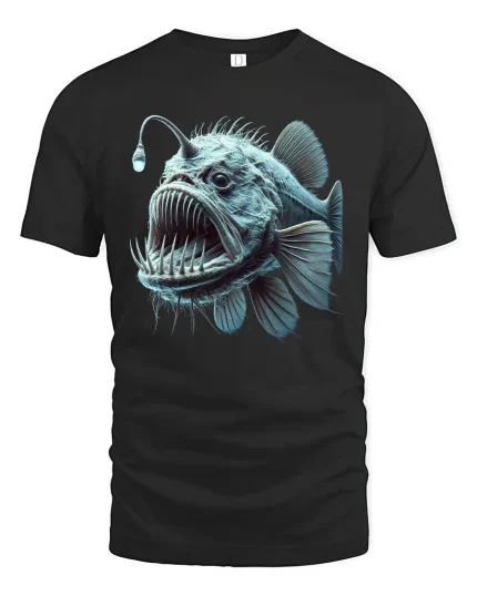 Deep Sea Anglerfish Art Graphic Tee With Fierce Ocean Creature - black t-shirt on white background