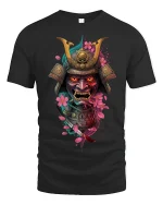 Samurai Mask Warrior Art Graphic Tee With Cherry Blossom Style - black t-shirt on white background