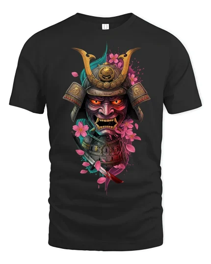 Samurai Mask Warrior Art Graphic Tee With Cherry Blossom Style - black t-shirt on white background