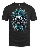 Metallic Skulls And Roses Art Graphic Tee With Bold Gothic Style - black t-shirt on white background