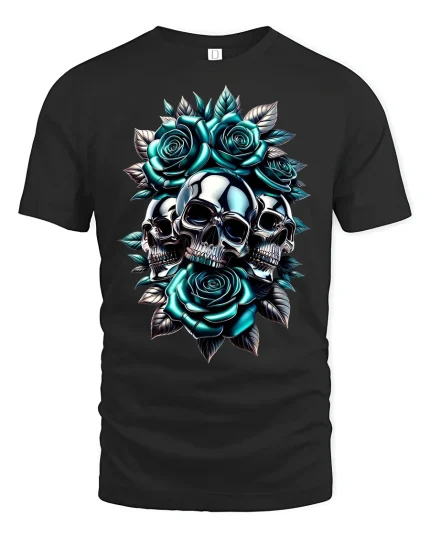 Metallic Skulls And Roses Art Graphic Tee With Bold Gothic Style - black t-shirt on white background
