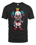 Creepy Cute Clown Art Graphic Tee With Colorful Cartoon Style - black t-shirt on white background