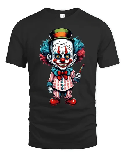 Creepy Cute Clown Art Graphic Tee With Colorful Cartoon Style - black t-shirt on white background