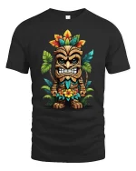 Funny Tiki Warrior Art Graphic Tee With Colorful Island Style - black t-shirt on white background