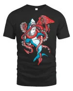 Shark Vs Squid Battle Graphic Tee With Bold Ocean Creature Art - black t-shirt on white background