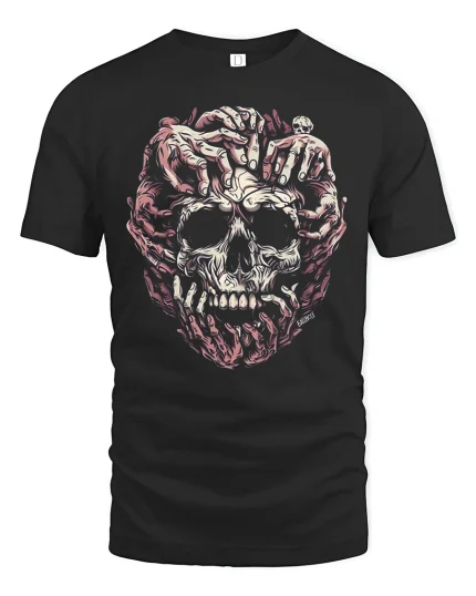 Creeping Hands Skull Art Graphic Tee With Dark Horror Style - black t-shirt on white background