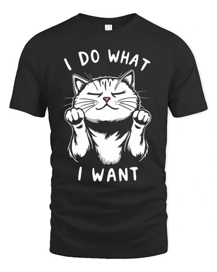 Funny Cat Attitude Graphic Tee With Cute I Do What I Want Design - black t-shirt on white background