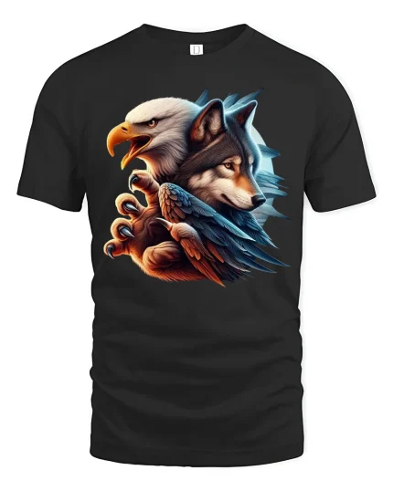 Eagle And Wolf Fusion Art Graphic Tee With Bold Spirit Animal Style - black t-shirt on white background