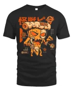 Funny Pizza Monster Graphic Tee With Retro Japanese Style Art - black t-shirt on white background