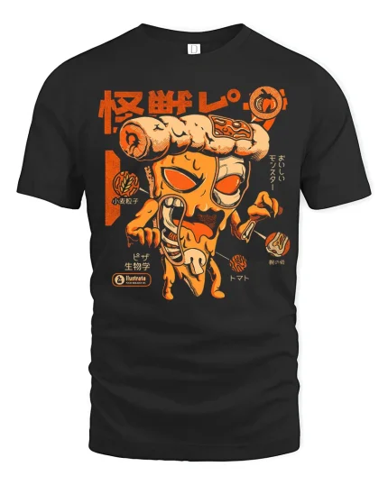 Funny Pizza Monster Graphic Tee With Retro Japanese Style Art - black t-shirt on white background