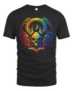Rainbow Mystic Skull Art Graphic Tee With Colorful Cosmic Style - black t-shirt on white background