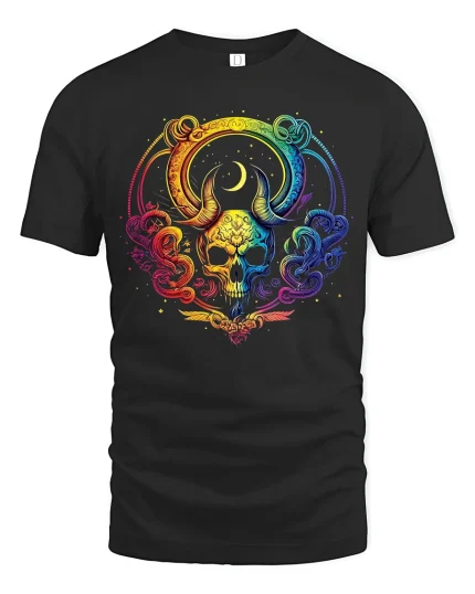 Rainbow Mystic Skull Art Graphic Tee With Colorful Cosmic Style - black t-shirt on white background