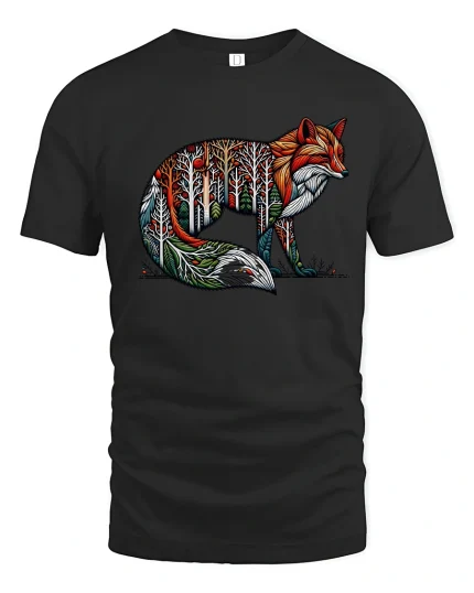 Forest Spirit Fox Art Graphic Tee With Colorful Nature Design - black t-shirt on white background