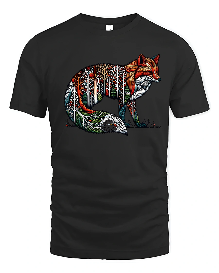 Forest Spirit Fox Art Graphic Tee With Colorful Nature Design - 1 Forest Spirit Fox Art Graphic Tee With Colorful Nature Design - black t-shirt on white background
