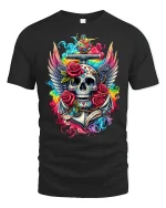 Vibrant Skull And Roses Tattoo Art Graphic Tee With Winged Style - black t-shirt on white background