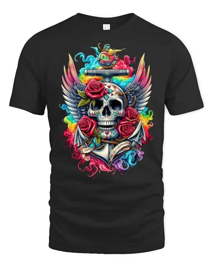 Vibrant Skull And Roses Tattoo Art Graphic Tee With Winged Style - black t-shirt on white background
