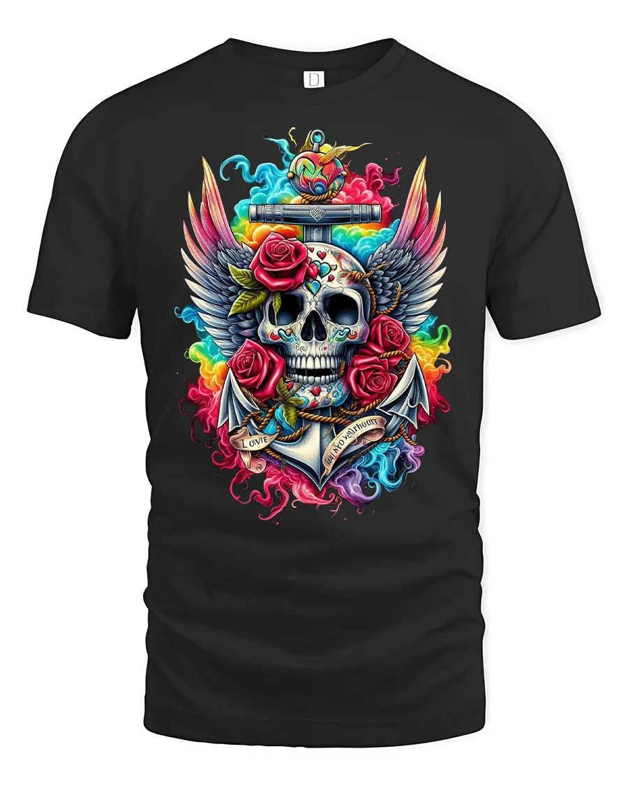 Vibrant Skull And Roses Tattoo Art Graphic Tee With Winged Style - 1 Vibrant Skull And Roses Tattoo Art Graphic Tee With Winged Style - black t-shirt on white background