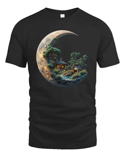 Moonlit Zen Garden Landscape Art Graphic Tee With Serene Style - black t-shirt on white background