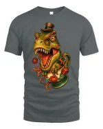 Vintage Dino Teacup Madness Cartoon T Rex Tee With Fun Style - gray t-shirt on white background