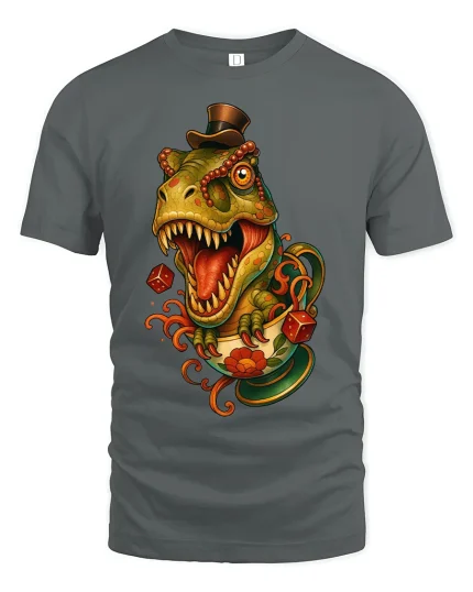 Vintage Dino Teacup Madness Cartoon T Rex Tee With Fun Style - gray t-shirt on white background