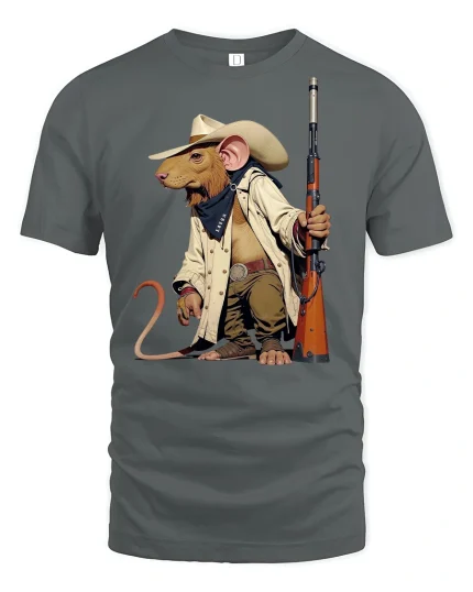 Cowboy Mouse Gunslinger Art Graphic Tee With Western Humor Style - gray t-shirt on white background