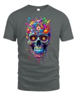 Vibrant Psychedelic Skull Art Graphic Tee With Color Explosion - gray t-shirt on white background