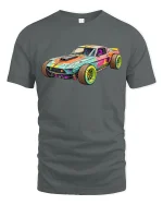 Retro Muscle Car Graphic Tee With Bold Colorful Racing Artwork - gray t-shirt on white background