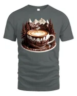 Mountain Coffee Art Graphic Tee With Scenic Latte Landscape Style - gray t-shirt on white background
