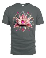 Elegant Lotus Jewel Art Graphic Tee With Beautiful Floral Design - gray t-shirt on white background