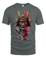 Samurai Mask Warrior Art Graphic Tee With Cherry Blossom Style - gray t-shirt on white background