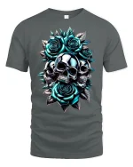 Metallic Skulls And Roses Art Graphic Tee With Bold Gothic Style - gray t-shirt on white background