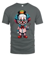 Creepy Cute Clown Art Graphic Tee With Colorful Cartoon Style - gray t-shirt on white background