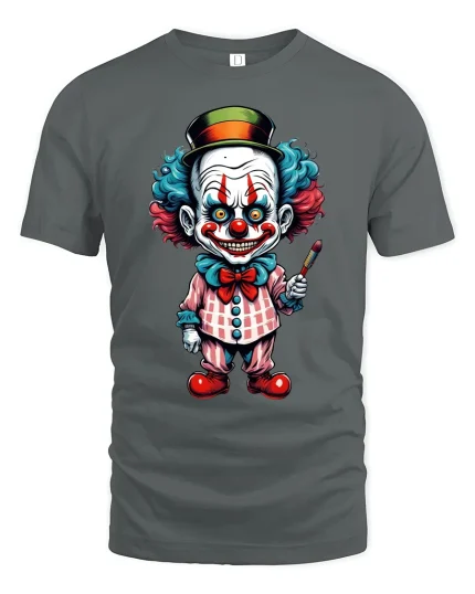 Creepy Cute Clown Art Graphic Tee With Colorful Cartoon Style - gray t-shirt on white background
