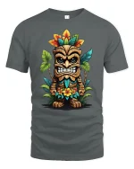 Funny Tiki Warrior Art Graphic Tee With Colorful Island Style - gray t-shirt on white background