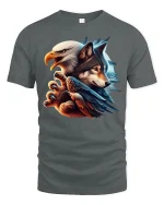 Eagle And Wolf Fusion Art Graphic Tee With Bold Spirit Animal Style - gray t-shirt on white background